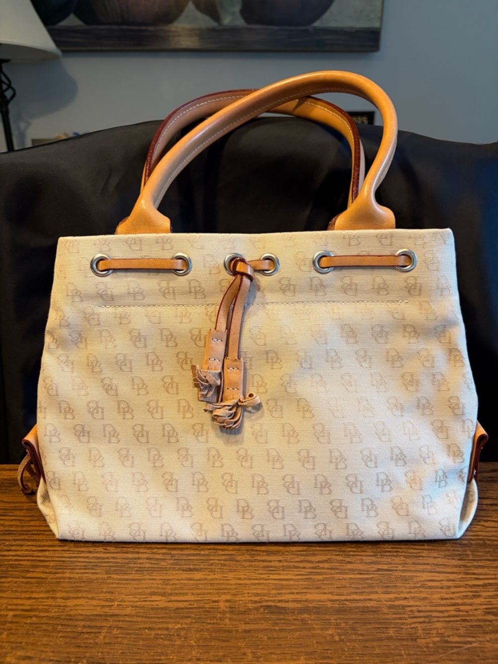 Dooney & Bourke Cream Canvas Tote with Tan Leather Trim